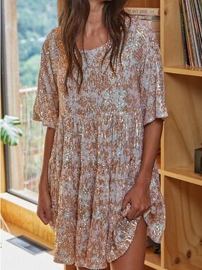 By Together Rose Gold Sequin Short Sleeve Babydoll Dress